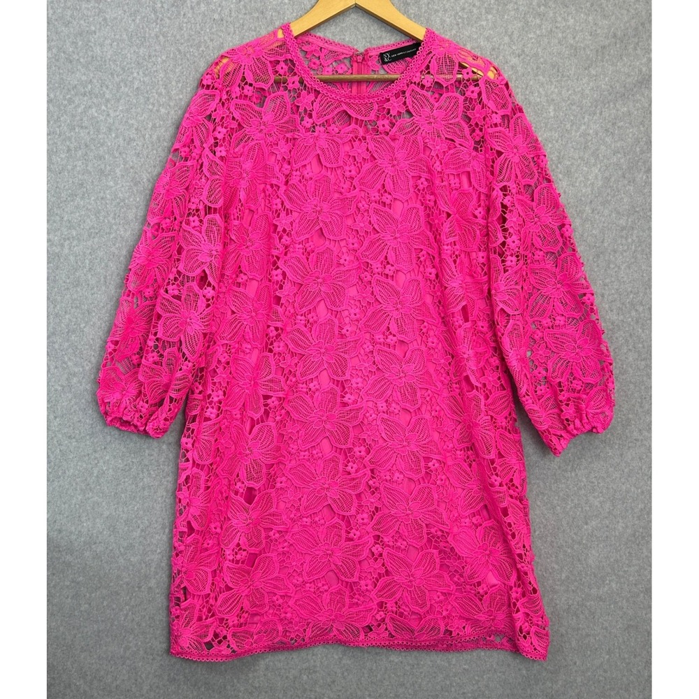 New York & Company Dress Hot Pink Floral Lace Shift Wedding Guest Prep Size XXL
